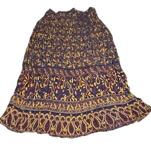 Uniti Casuals Skirt Womens L Paisley Smocked Crinkle Midi Boho Burgundy Yellow